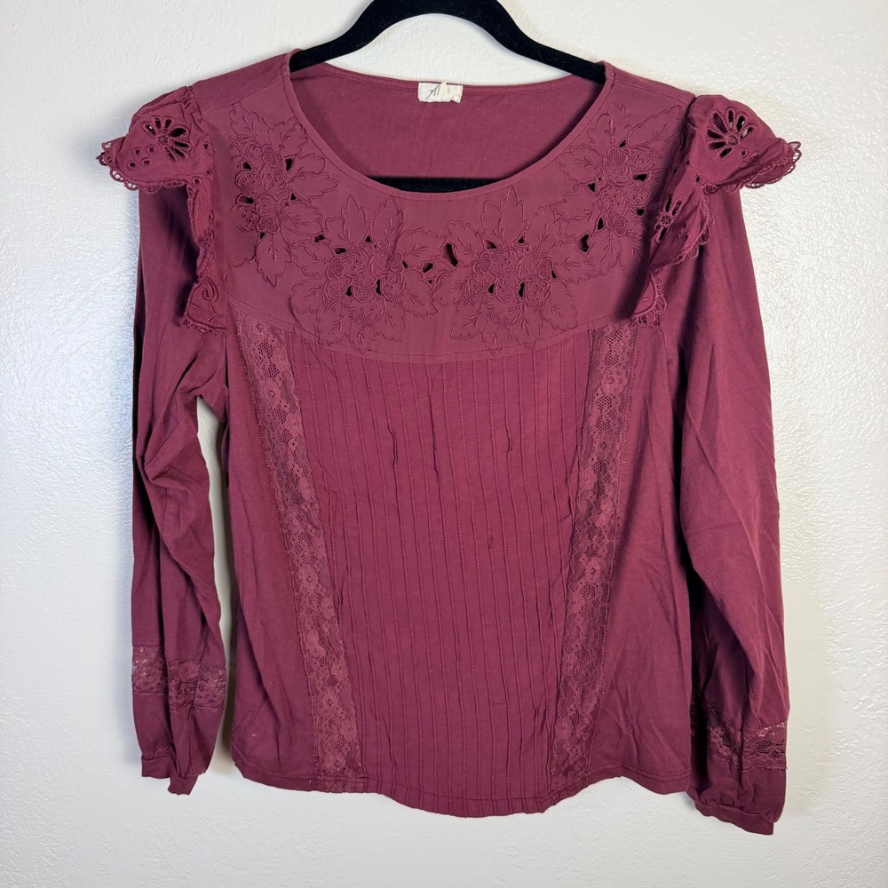 Anthropologie Tiny Womens M Burgundy Eyelet Lace Blouse Boho Feminine Cottage